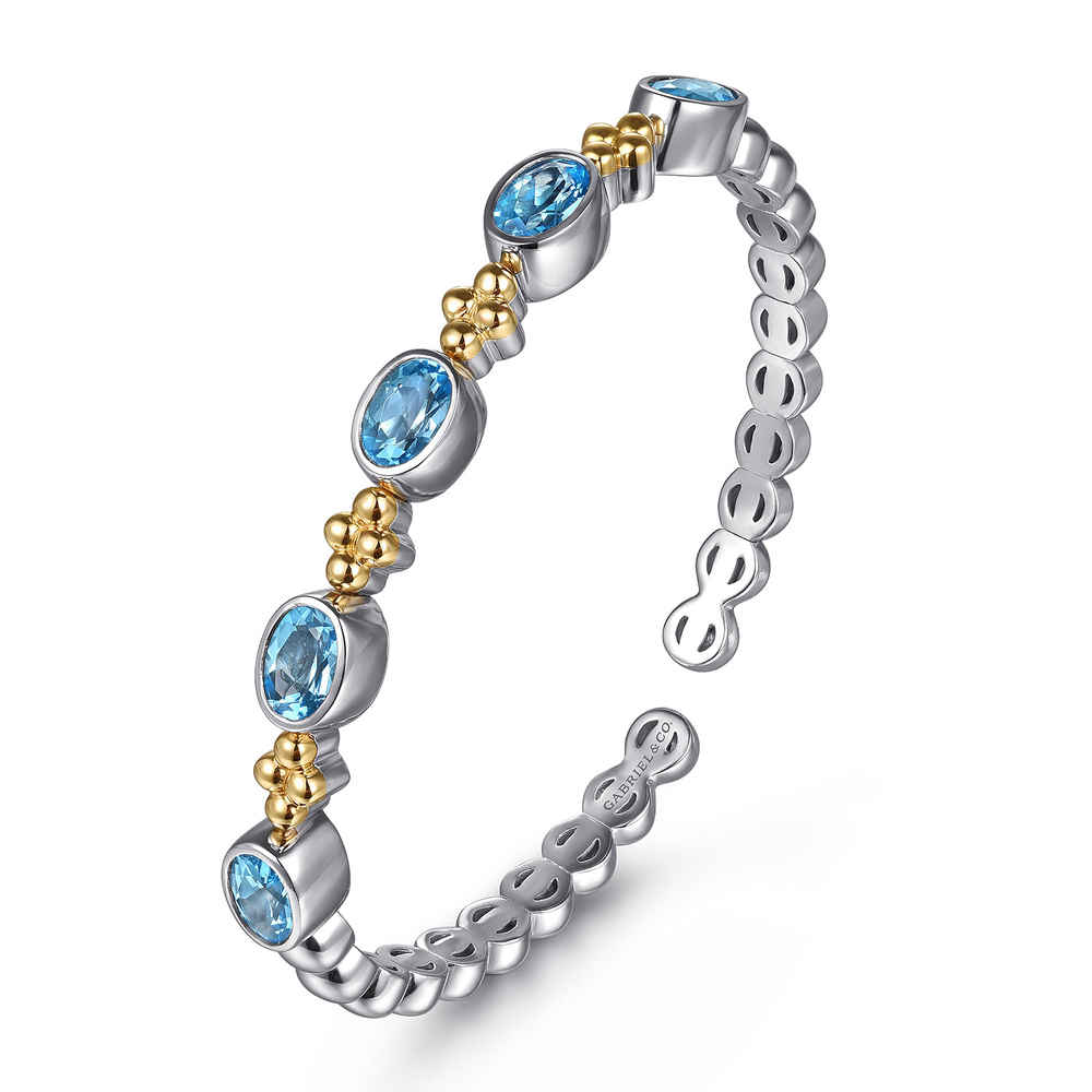 Sterling Silver & 14K Yellow Gold Bujukan 4.96cttw Blue Topaz Open Bangle Bracelet by Gabriel