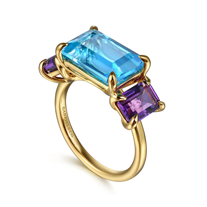 Yellow Gold Blue Topaz and Amethyst Signet Ring