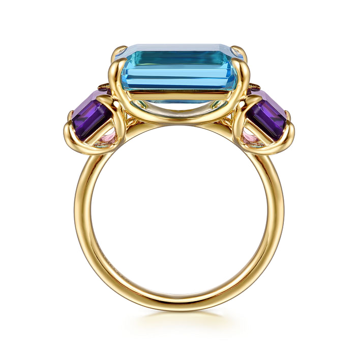 Yellow Gold Blue Topaz and Amethyst Signet Ring