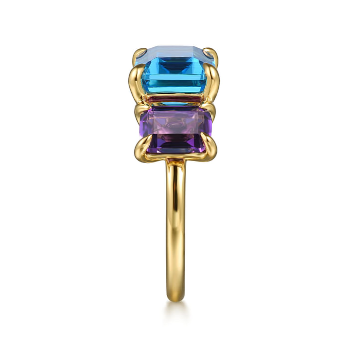 Yellow Gold Blue Topaz and Amethyst Signet Ring