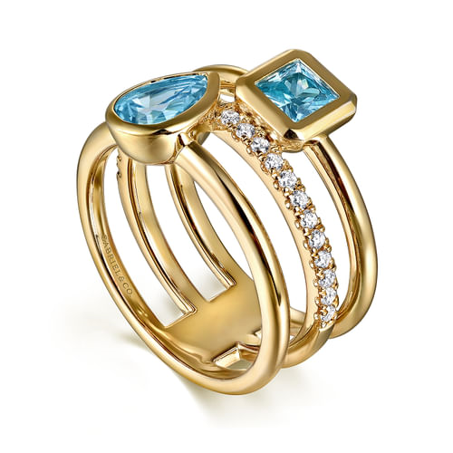 14K Yellow Gold Swiss Blue Topaz & Diamond Easy Stackable Ring by Gabriel