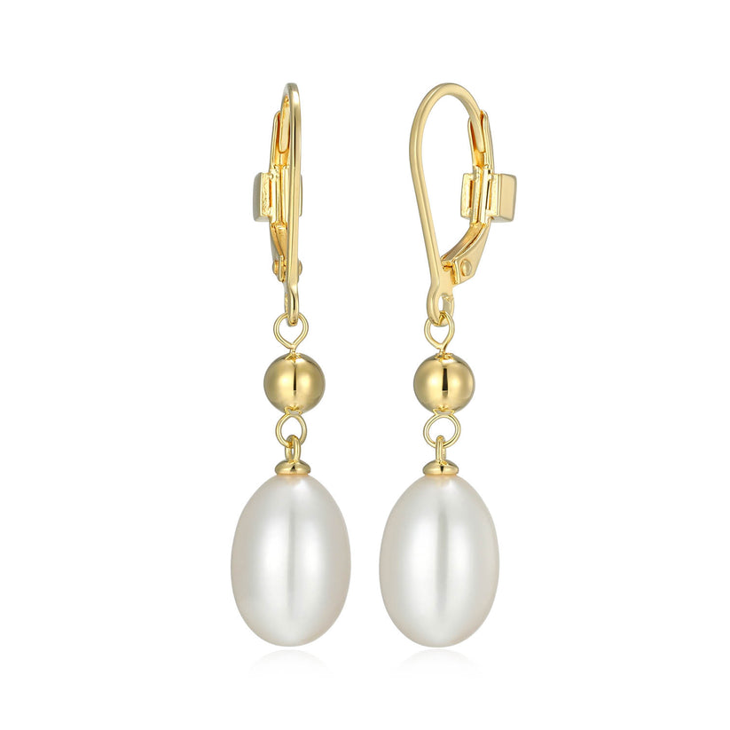 Genesis Yellow Gold Plated White Pearl Leverback Earrings