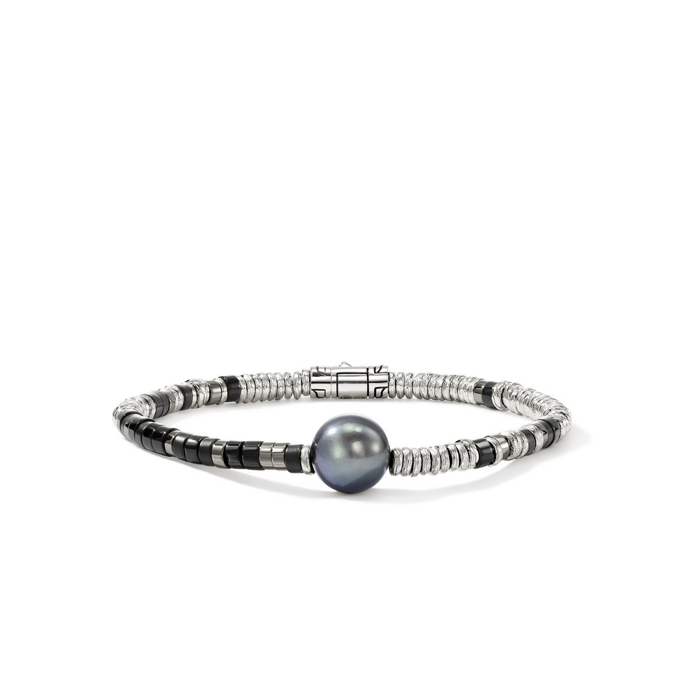 Heishi Silver BraceletTreated Black Onyx, Hematite, & 11-12mm Treated Cultured Grey Pearl  by John Hardy Sz UM