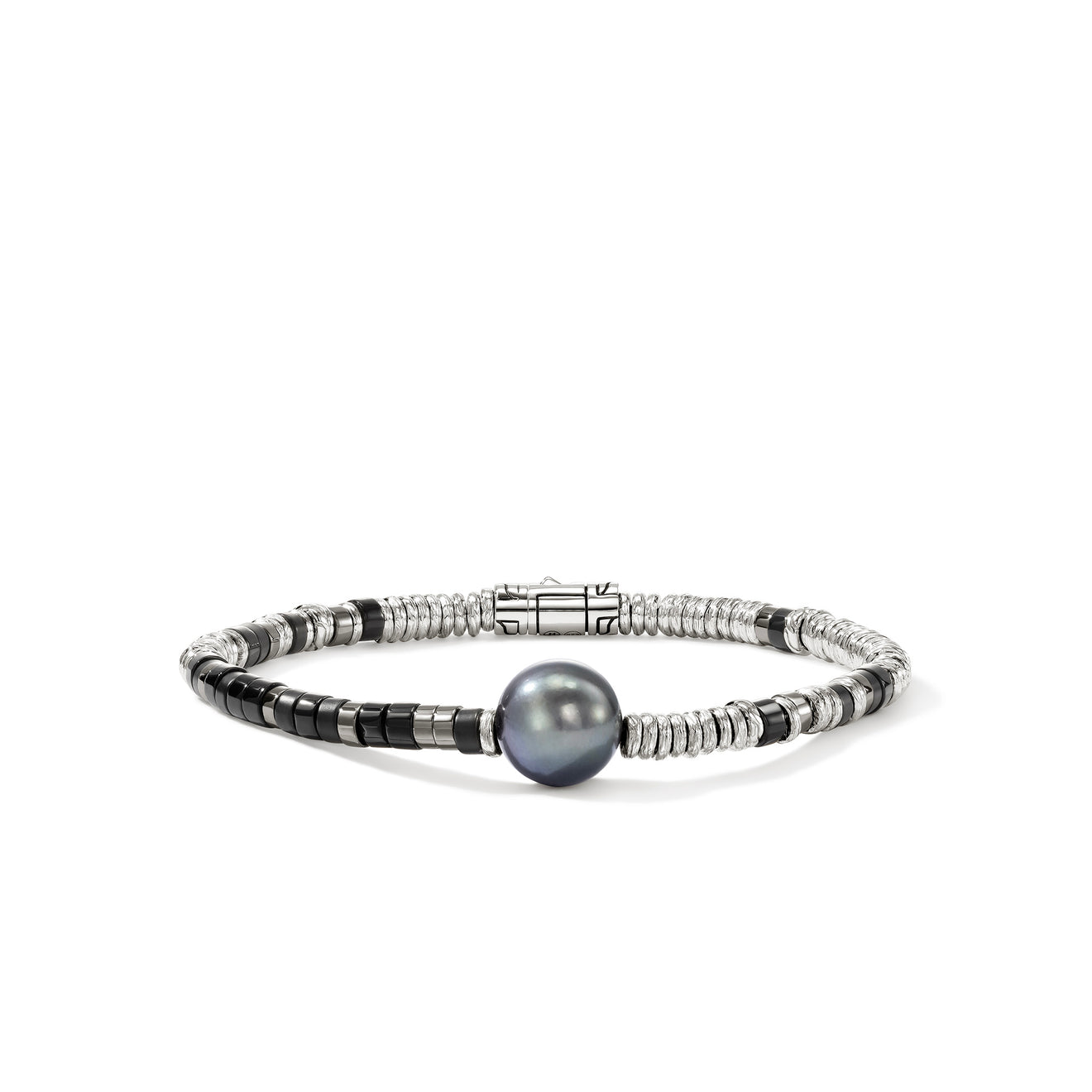 Heishi Silver BraceletTreated Black Onyx, Hematite, & 11-12mm Treated Cultured Grey Pearl  by John Hardy Sz UM