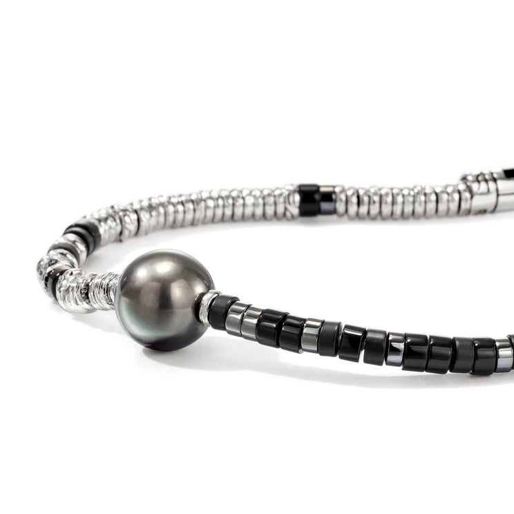 Heishi Silver BraceletTreated Black Onyx, Hematite, & 11-12mm Treated Cultured Grey Pearl  by John Hardy Sz UM