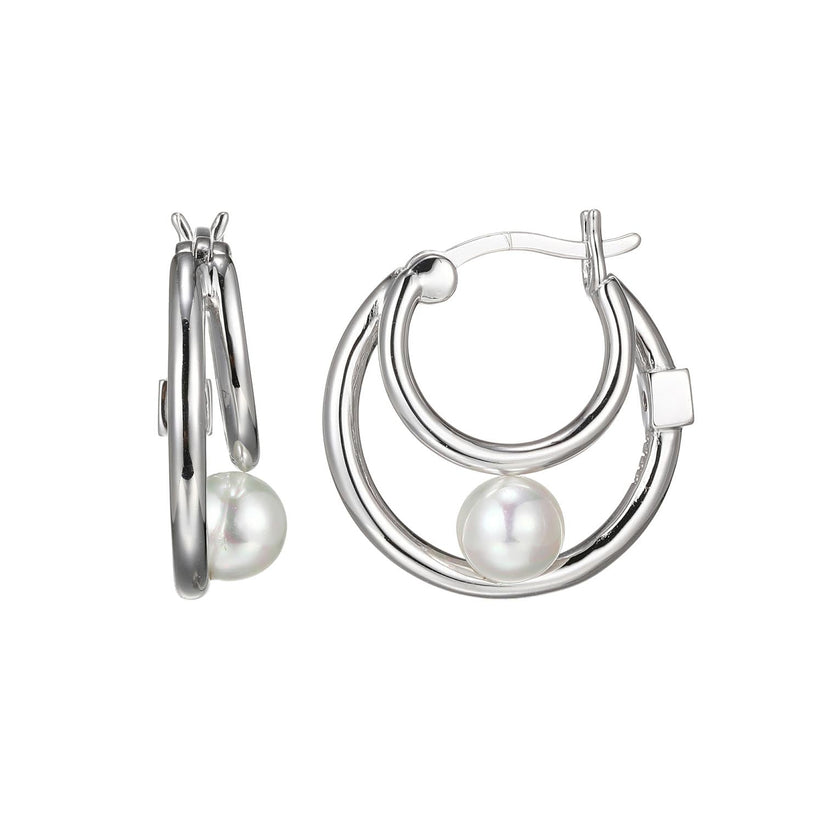 Sterling Silver ELLE "Simpatico" Rhodium Plated White Shell Pearl 5mm Hoop Earring 18mm and 12mm