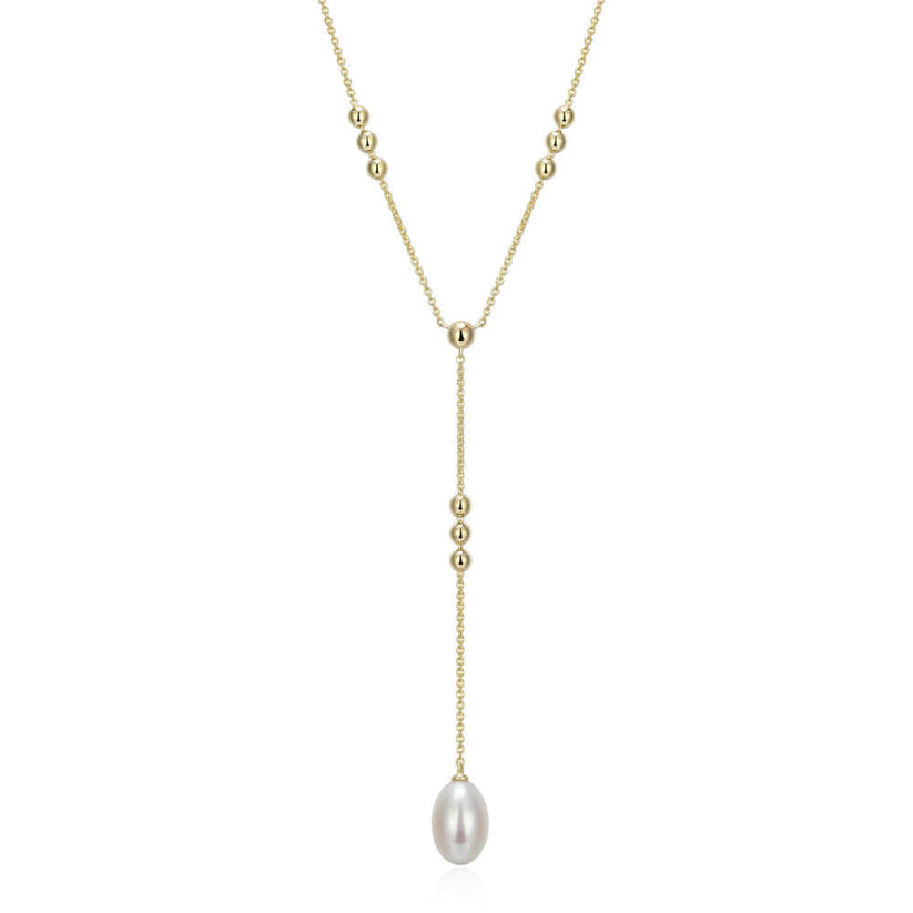 Sterling Silver ELLE "Genesis" Yellow Gold-Plated Genuine White Pearl Necklace on 17" + 3" Extension Cable Chain