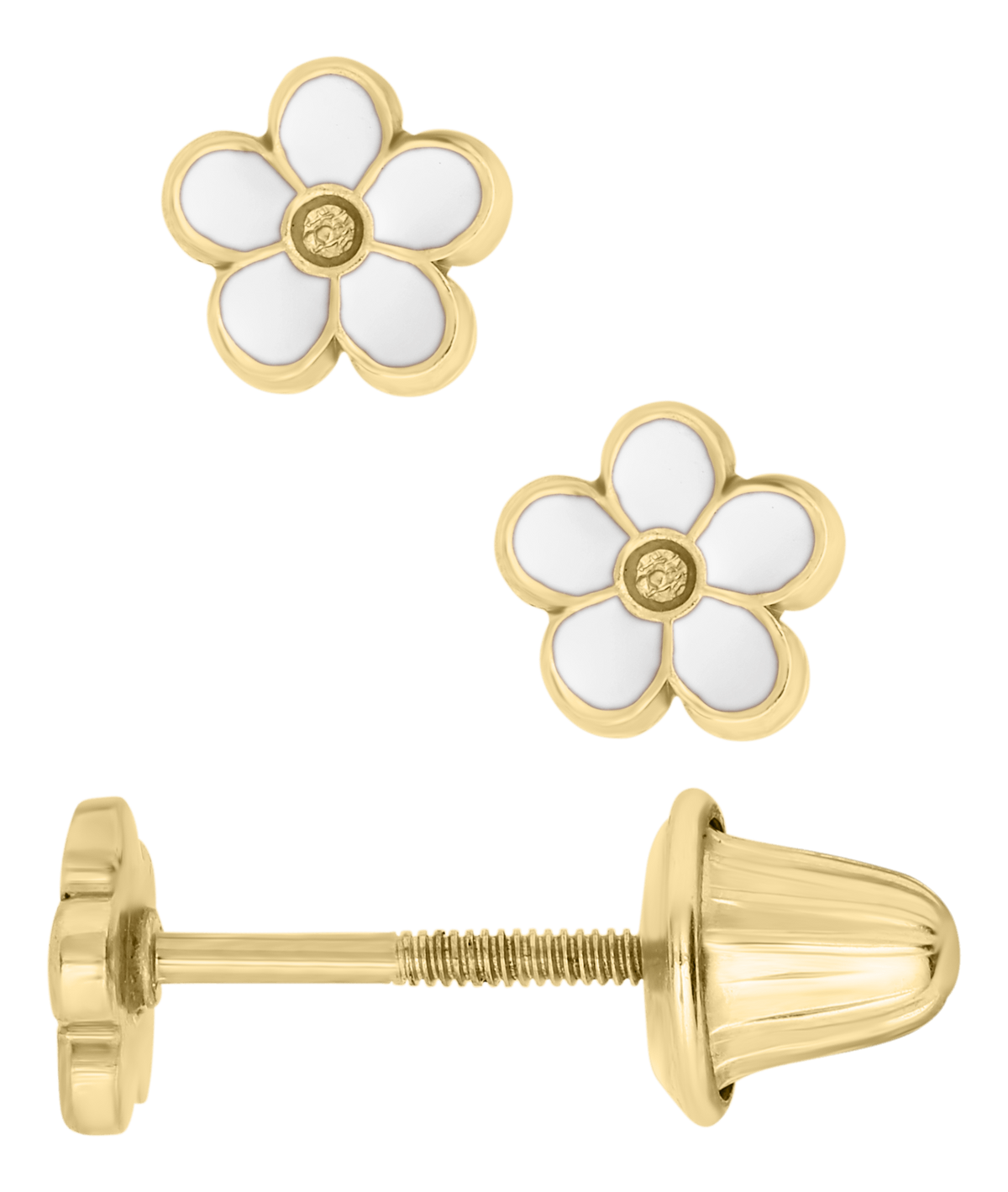 14K Yellow Gold Earrings with White Flowers