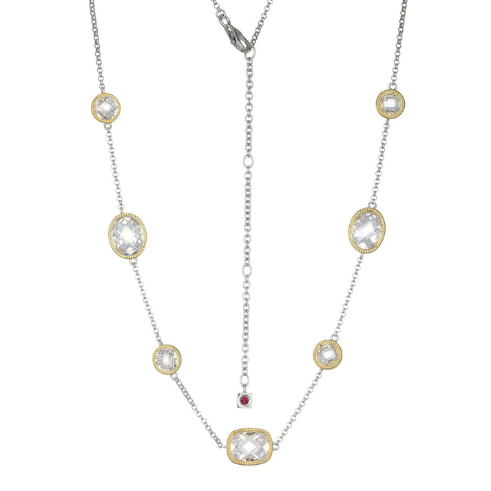 Sterling Silver Elle "Essence" Rhodium & Yellow Gold Plated Necklace With CZ Rolo Chain 17" Extension 3"
