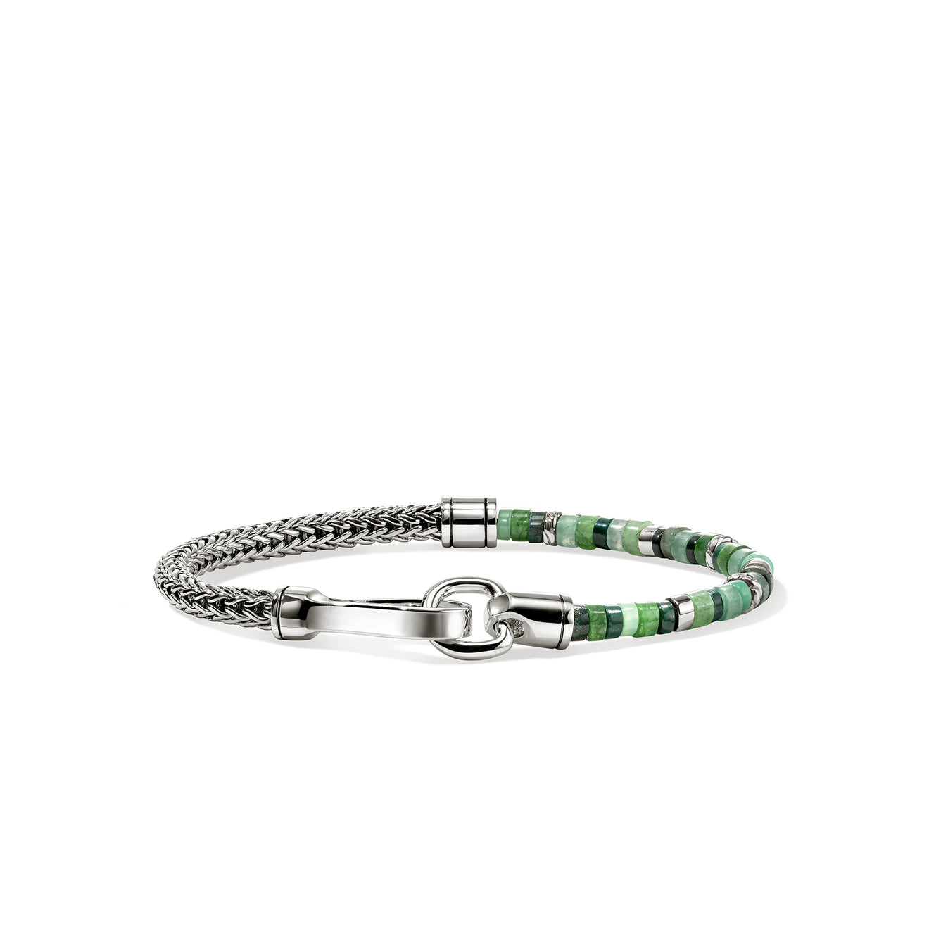 Heishi Silver Bracelet on 4.5mm Chain with 4mm Malachite, Treated Green Quartz, Green Aventurine, Chysoprase, & Emerald Beads with Hook Clasp Sz M by John Hardy