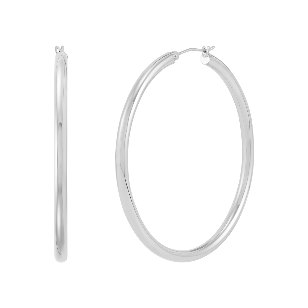 14K White Gold Polished 3x50mm Tube Hoop Earrings