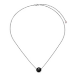 Sterling Silver Elle "Lustre" Rhodium Plated Necklace Genuine Black Agate Rolo Chain 17" Extension 3"