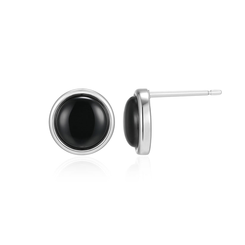Lustre Button Black Agate Stud Earrings in Rhodium Plated Sterling Silver
