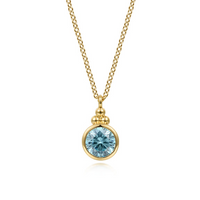 14K Yellow Gold 0.88ct Swiss Blue Topaz Bujukan Drop Pendant Necklace by Gabriel