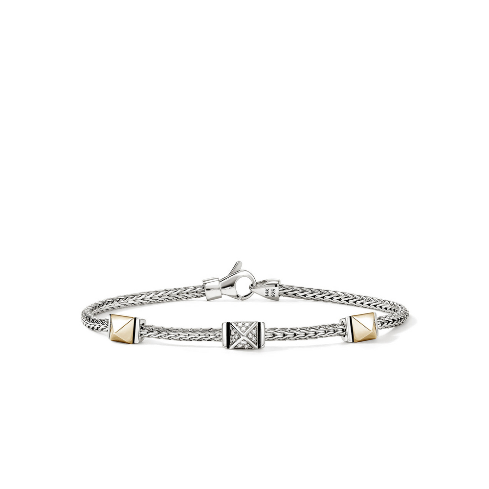 Icon Stud 14K Gold & Silver 0.07cttw Diamond Pave 3 Station Bracelet by John Hardy