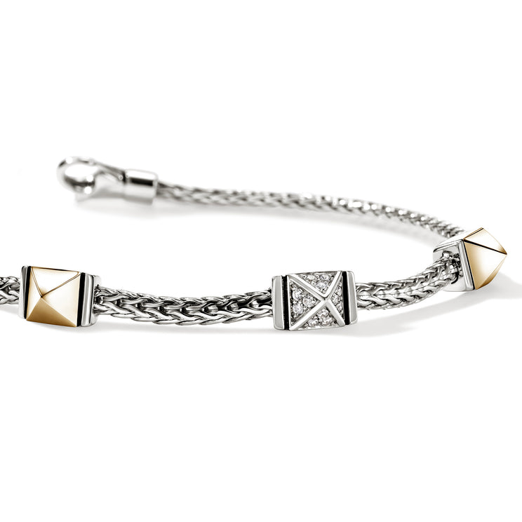 Icon Stud 14K Gold & Silver 0.07cttw Diamond Pave 3 Station Bracelet by John Hardy