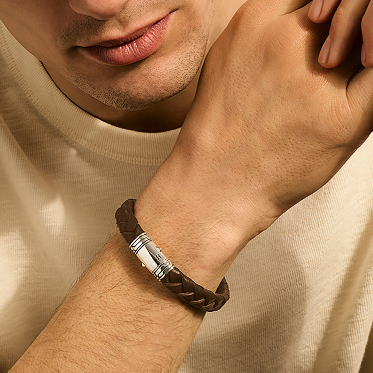 Men's Silver 12mm Braided Brown Leather Bracelet Sz L by John Hardy
