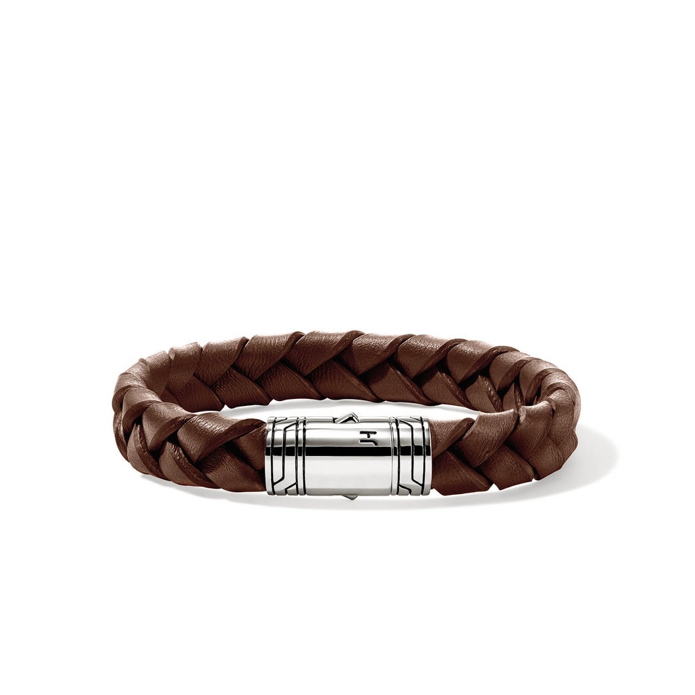 Men's Silver 12mm Braided Brown Leather Bracelet Sz L by John Hardy