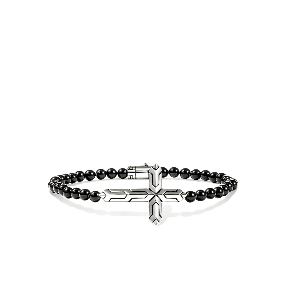 Icon 50 Silver Cross Bracelet with 4mm Treated Black Onyx Beads Sz M by John Hardy