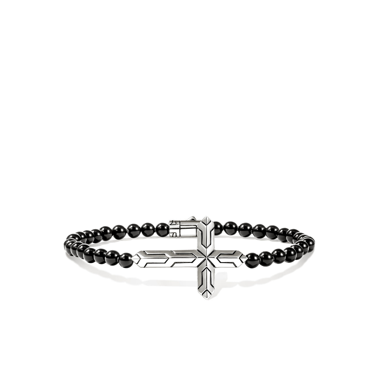 Icon 50 Silver Cross Bracelet with 4mm Treated Black Onyx Beads Sz M by John Hardy