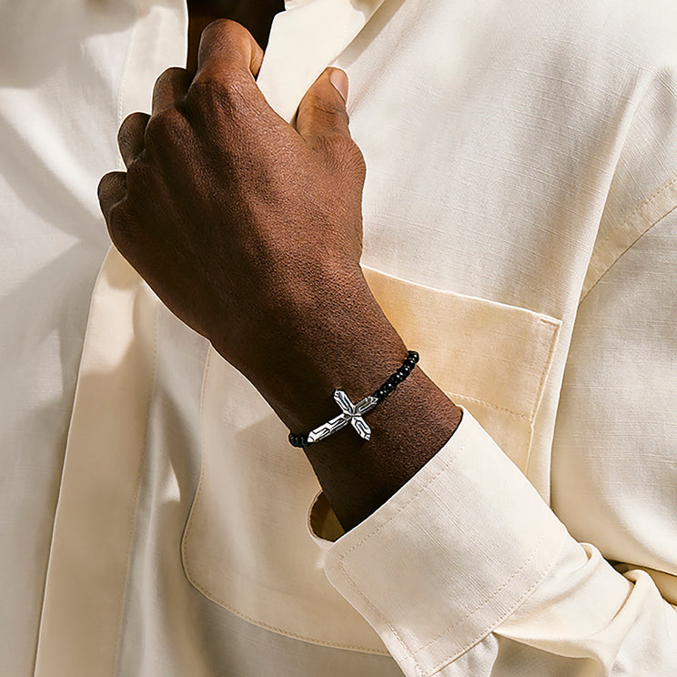 Icon 50 Silver Cross Bracelet with 4mm Treated Black Onyx Beads Sz M by John Hardy