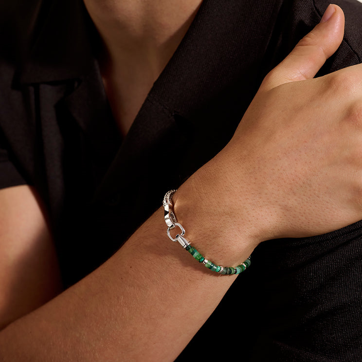 Heishi Silver Bracelet on 4.5mm Chain with 4mm Malachite, Treated Green Quartz, Green Aventurine, Chysoprase, & Emerald Beads with Hook Clasp Sz M by John Hardy