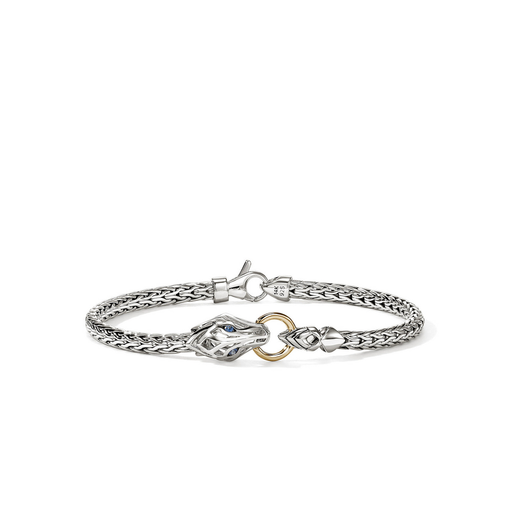Naga Silver & 14K Gold 3.5mm Slim Chain Bracelet with Blue Sapphire Eyes Sz M by John Hardy