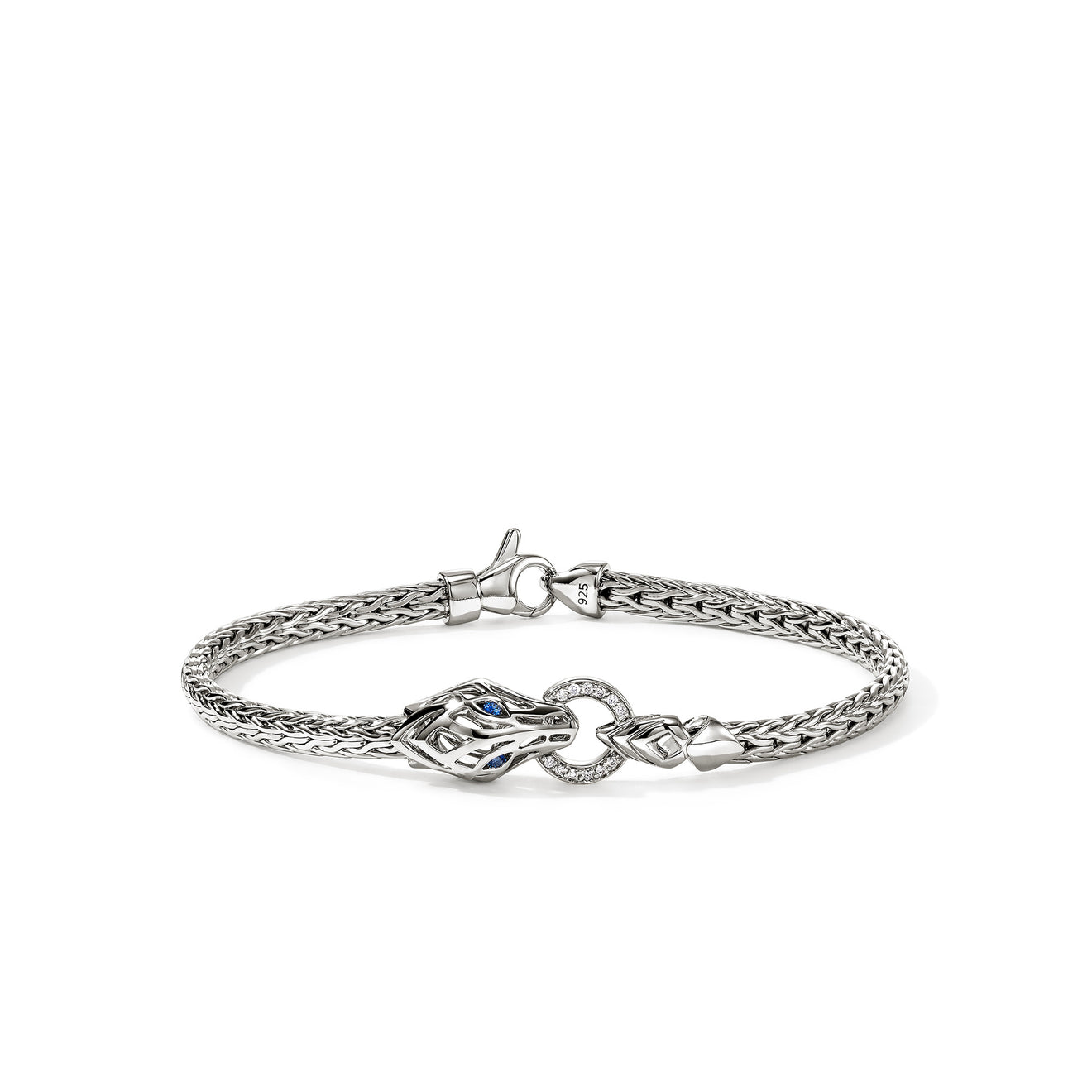 Naga Silver Diamond Pave Slim Chain Bracelet with Blue Sapphire Eyes Sz M by John Hardy