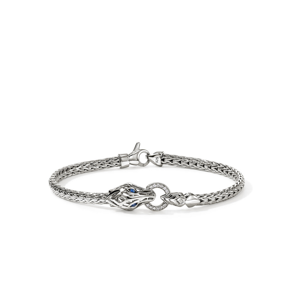 Naga Silver Diamond Pave Slim Chain Bracelet with Blue Sapphire Eyes Sz M by John Hardy
