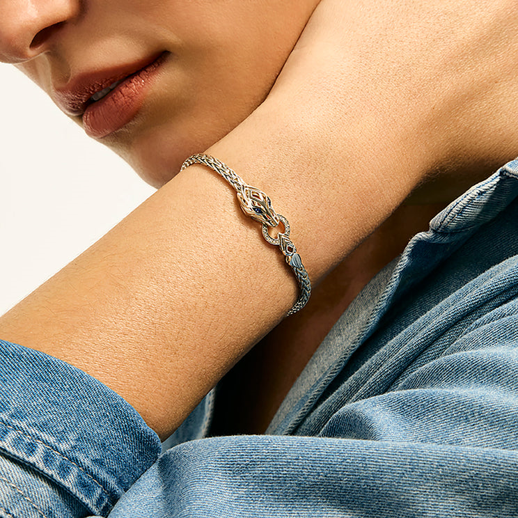 Naga Silver Diamond Pave Slim Chain Bracelet with Blue Sapphire Eyes Sz M by John Hardy