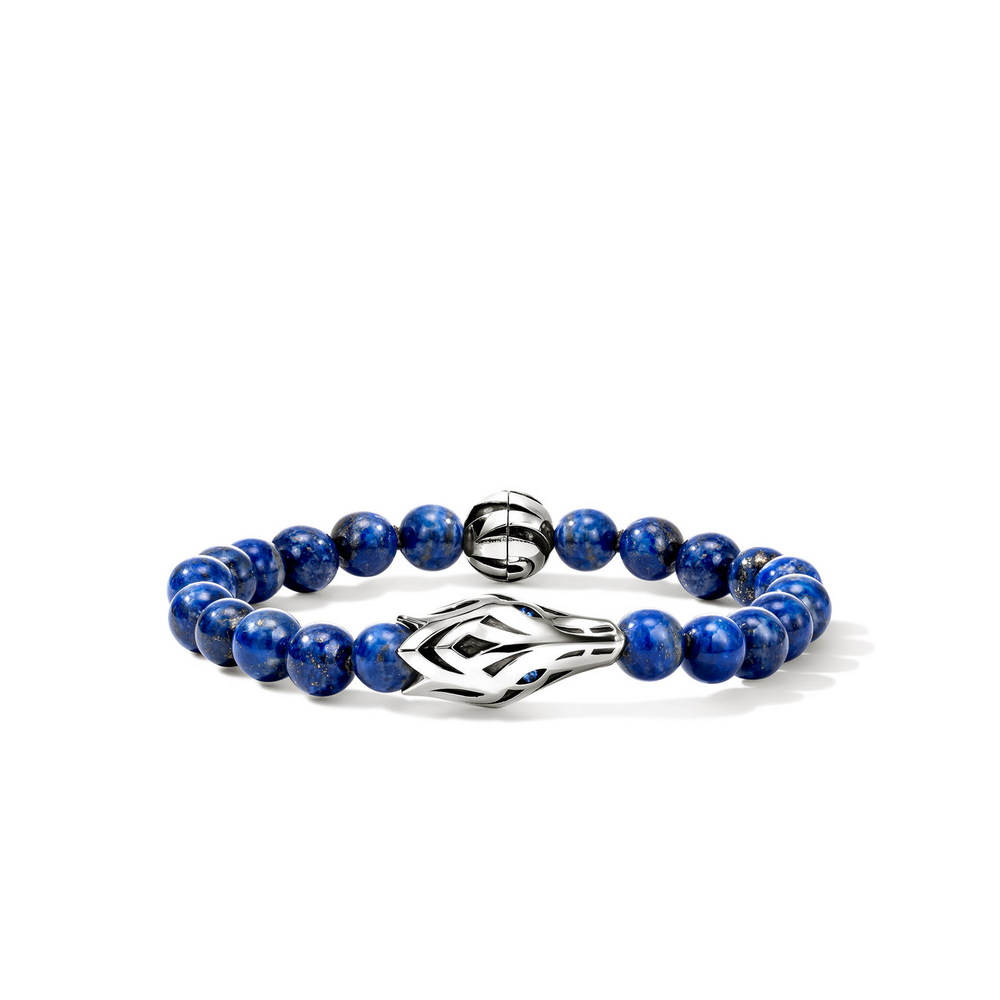 Naga Silver Bracelet with 8mm Lapis Lazuli Beads & Blue Sapphire Eyes Sz UXL by John Hardy