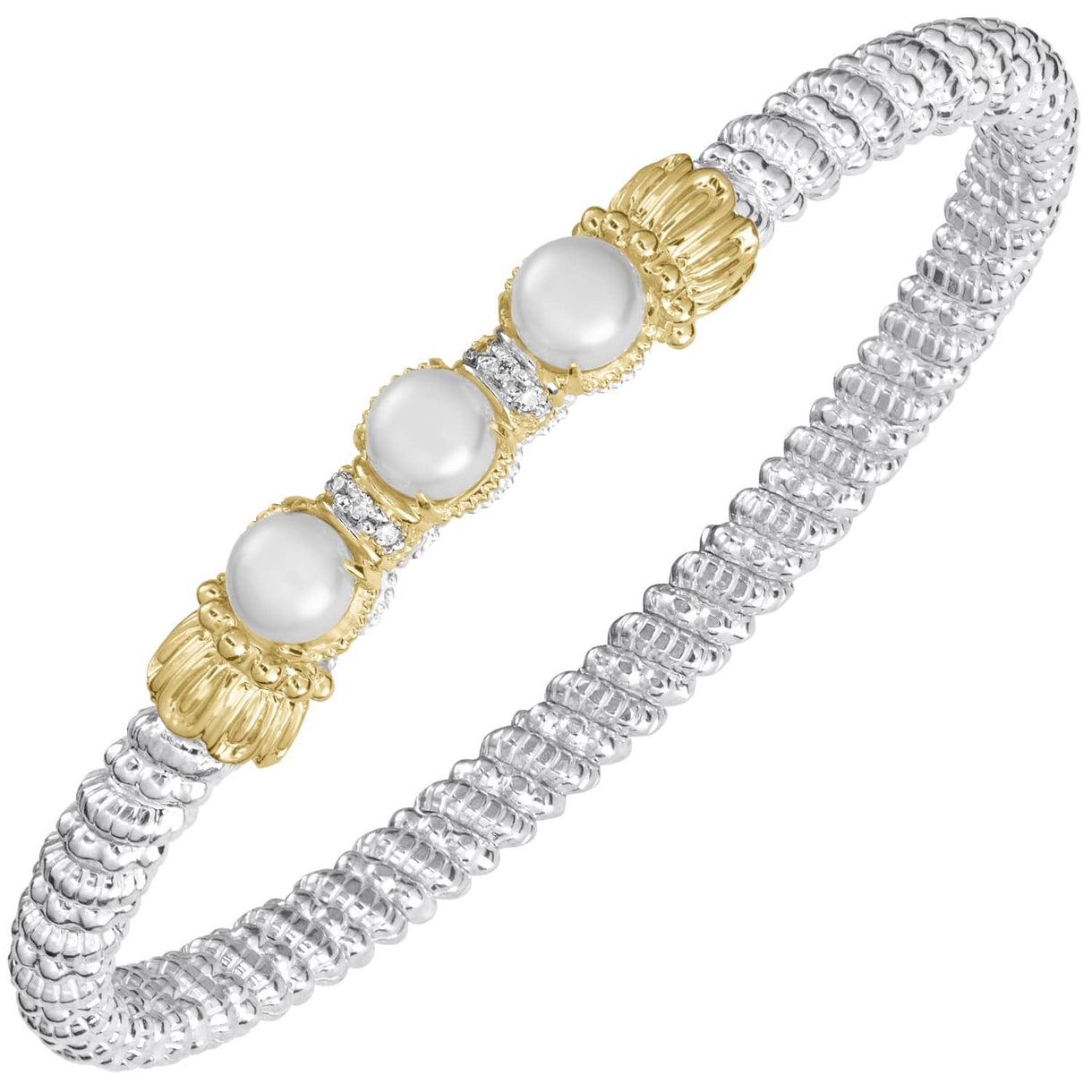 Sterling Silver & 14K Yellow Gold Pearl & 0.05cttw Diamond 4mm Closed Band Bracelet by Vahan