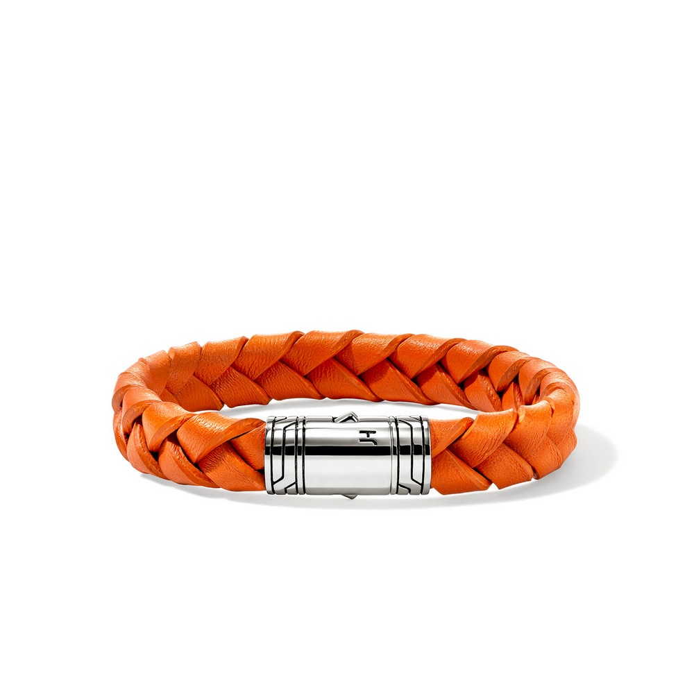 Men's 12mm Braided Orange Leather Bracelet with Sterling Silver Pusher Clasp Size XL by John Hardy