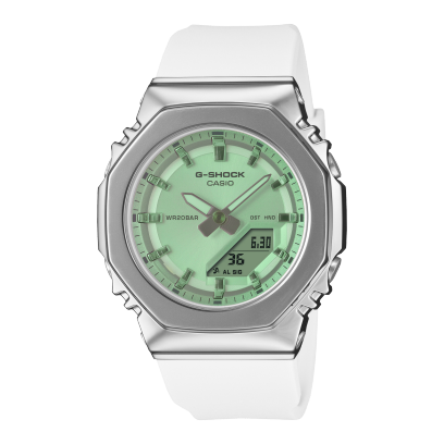Octagonal Metal Bezel with Blue/Green Face & White Band Watch by G-Shock