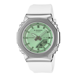 Octagonal Metal Bezel with Blue/Green Face & White Band Watch by G-Shock