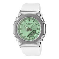 Octagonal Metal Bezel with Blue/Green Face & White Band Watch by G-Shock