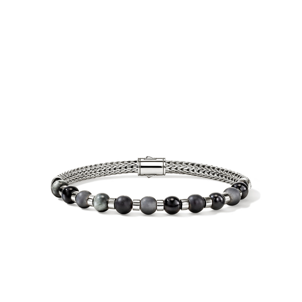 Men's Silver Bracelet with 6mm Treated Black Onyx, Matte Hematite & Eagle Eye by John Hardy Sz UL