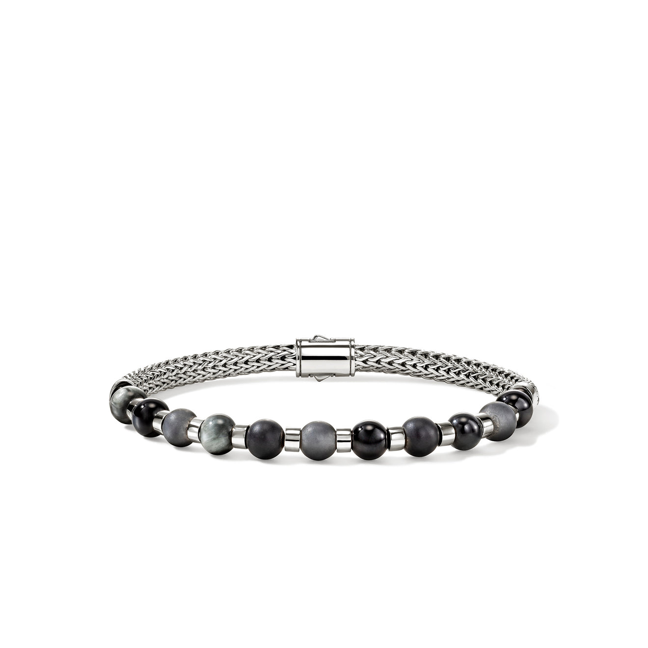 Men's Silver Bracelet with 6mm Treated Black Onyx, Matte Hematite & Eagle Eye by John Hardy Sz UL