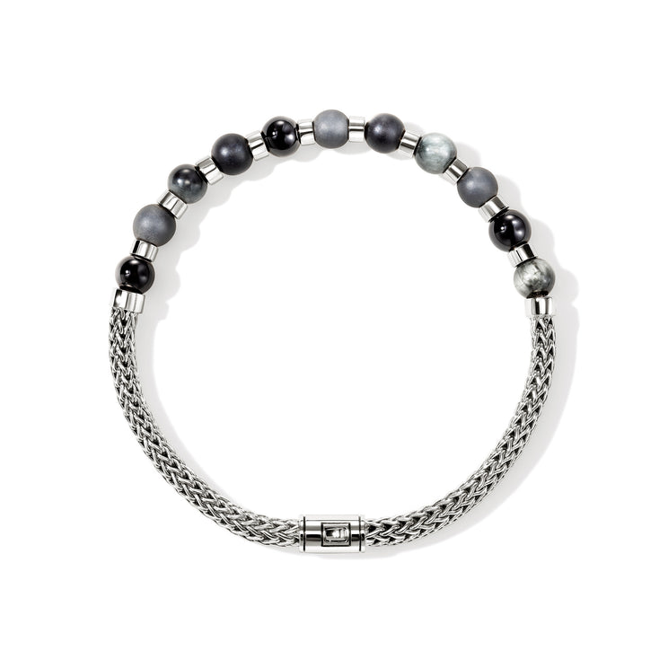 Men's Silver Bracelet with 6mm Treated Black Onyx, Matte Hematite & Eagle Eye by John Hardy Sz UL
