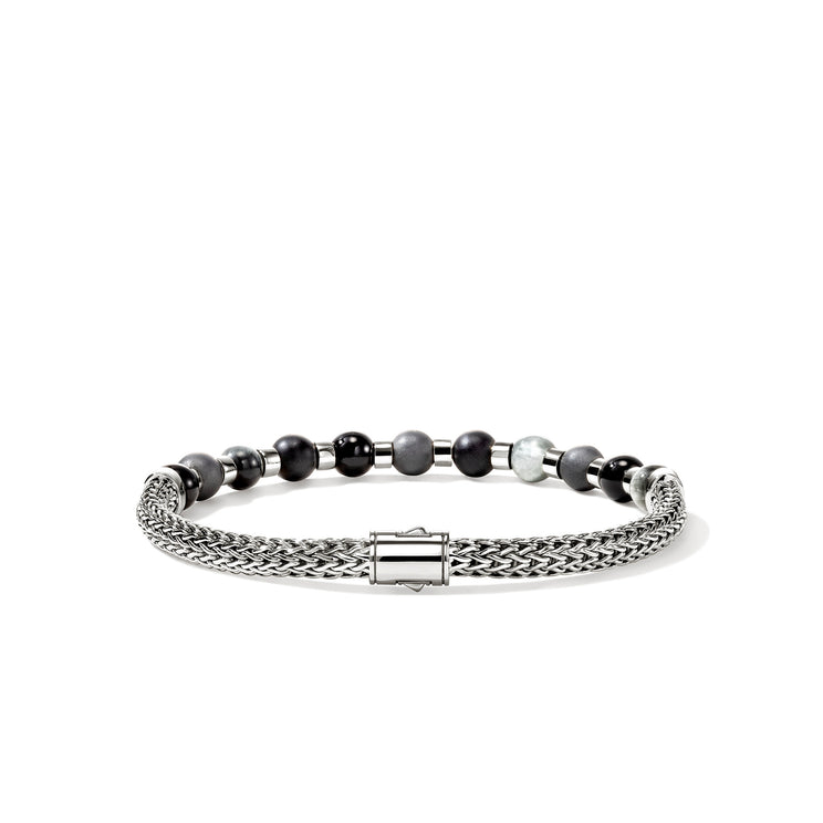 Men's Silver Bracelet with 6mm Treated Black Onyx, Matte Hematite & Eagle Eye by John Hardy Sz UL