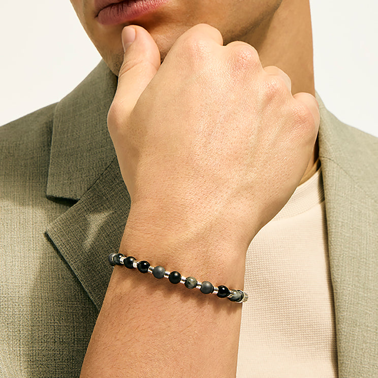 Men's Silver Bracelet with 6mm Treated Black Onyx, Matte Hematite & Eagle Eye by John Hardy Sz UL