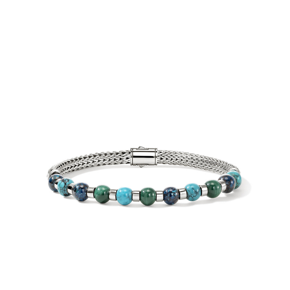 Men's Silver Bracelet with 6mm Treated Chrysocolla, Malachite, & Treated Turquoise by John Hardy