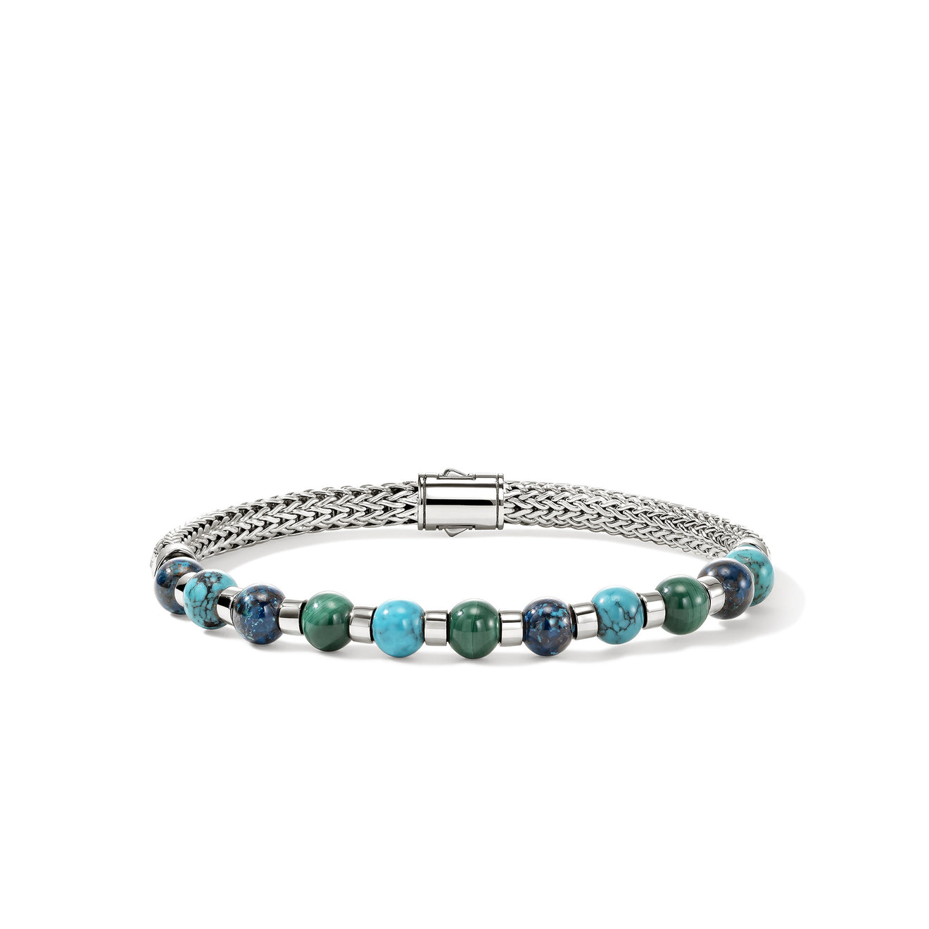 Men's Silver Bracelet with 6mm Treated Chrysocolla, Malachite, & Treated Turquoise by John Hardy