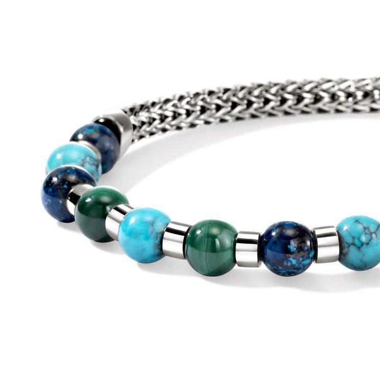 Men's Silver Bracelet with 6mm Treated Chrysocolla, Malachite, & Treated Turquoise by John Hardy