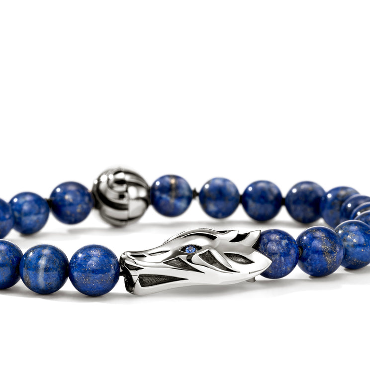 Naga Silver Bracelet with 8mm Lapis Lazuli Beads & Blue Sapphire Eyes Sz UXL by John Hardy