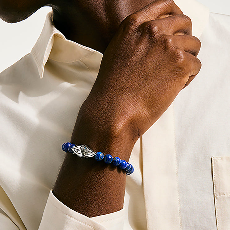 Naga Silver Bracelet with 8mm Lapis Lazuli Beads & Blue Sapphire Eyes Sz UXL by John Hardy