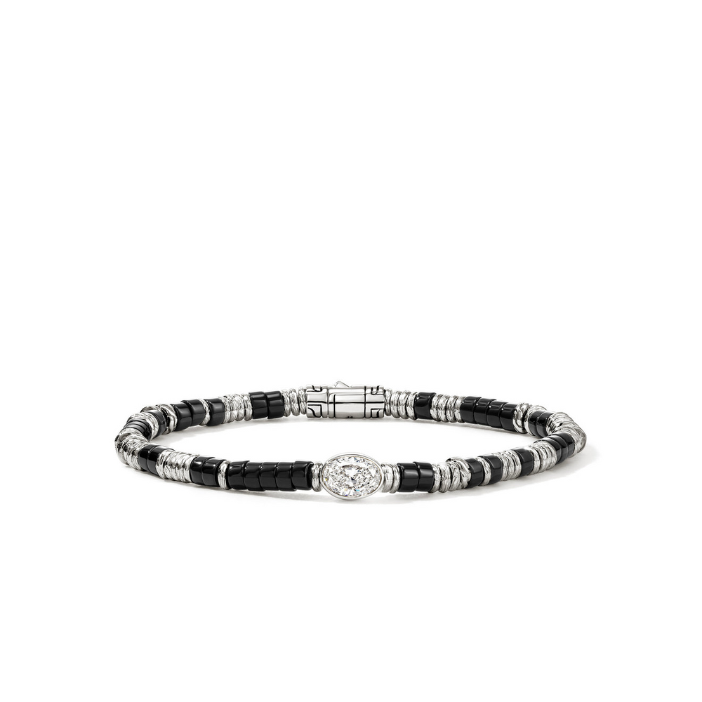JH Lovestruck Heishi Silver Oval 1ct LAB GROWN Diamond 4mm Treated Black Onyx Beads Bracelet Sz XL by John Hardy