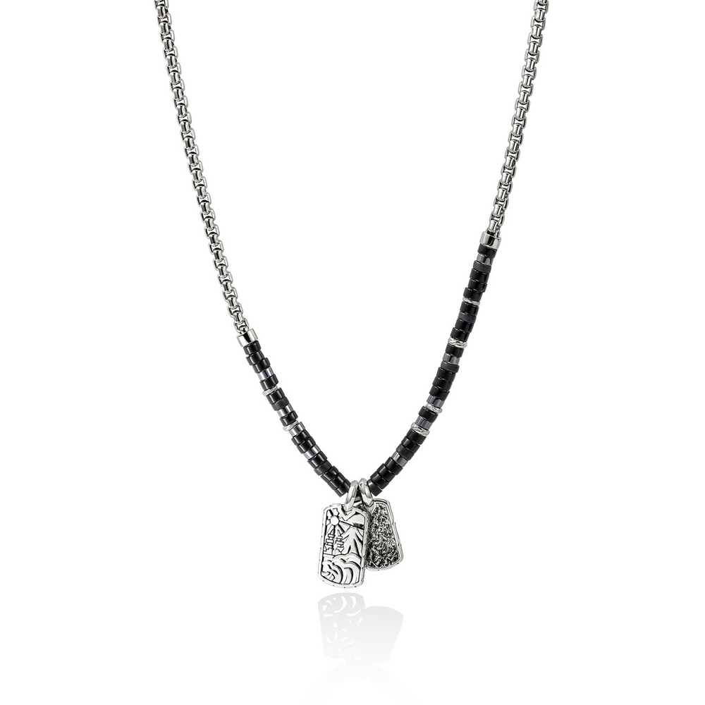 Heishi Silver Tag Pendant Necklace with 4mm Treated Black Onyx & Hematite Beads by John Hardy