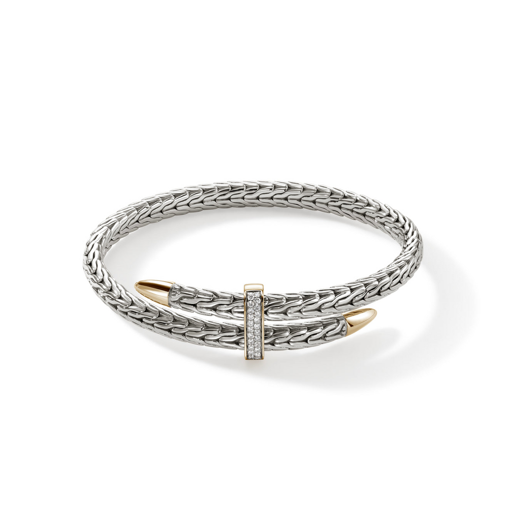 Spear 14K Gold & Silver 0.24cttw Diamond Pave Bypass Flex Cuff Sz M by John Hardy