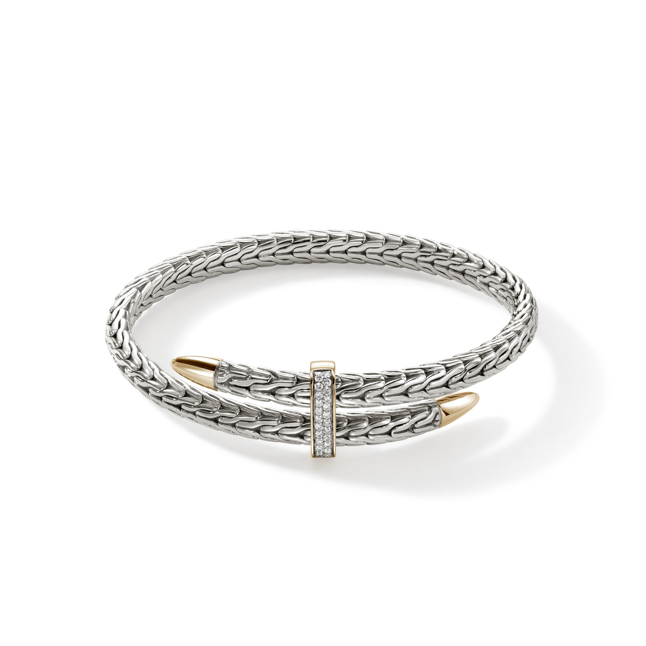 Spear 14K Gold & Silver 0.24cttw Diamond Pave Bypass Flex Cuff Sz M by John Hardy